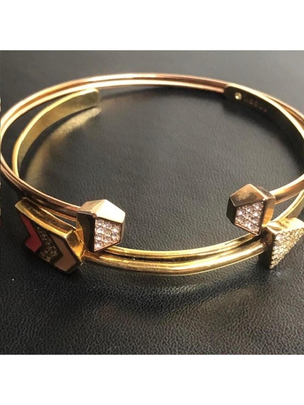 9607 Lot of 2 Fossil Gold Tone Rose tone cuff pave CZ Bracelet Arrow hexagon